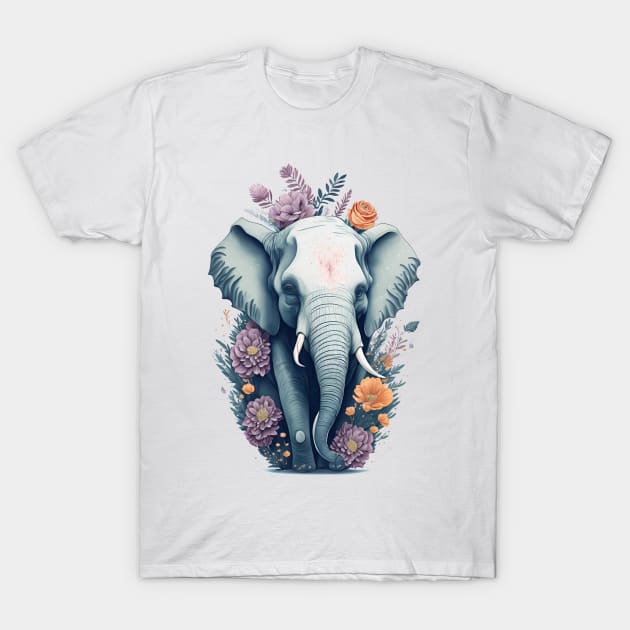 Elephant with Flowers T-Shirt by monkycl